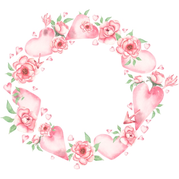 水彩バレンタインデーの花輪のクリップアート ロマンチックなピンクの花のハートのクリップアート バレンタインの愛のイラスト 女の赤ちゃんの花柄のプリント プレミアム写真