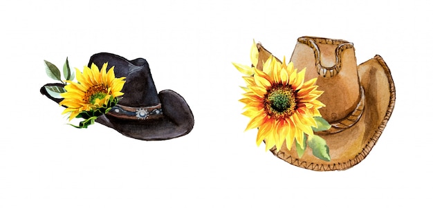 Premium Photo | Watercolor vintage cowboy hat with sunflowers