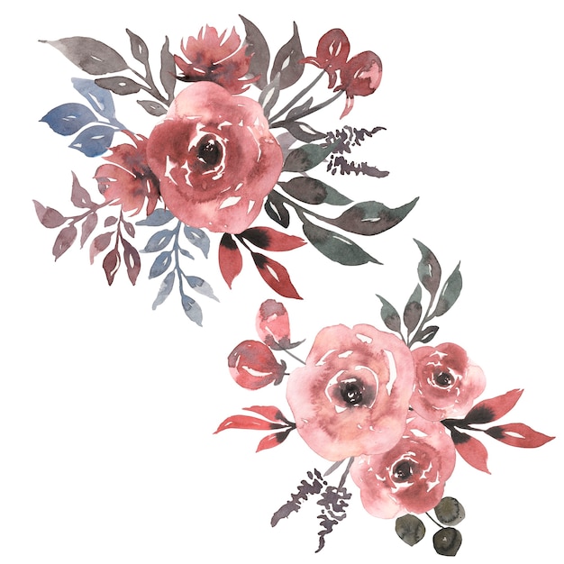 水彩ヴィンテージ汚いピンクの牡丹クリップアートセット サンゴの花の花束 水彩花柄構図イラスト 灰色の緑の配置 プレミアム写真