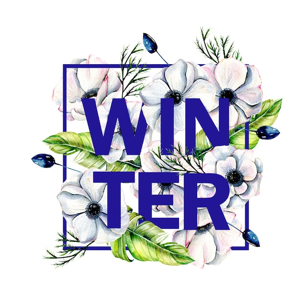 プレミアム写真 水彩冬の花のイラスト 冬のバナーのデザイン 手は白い背景に描か
