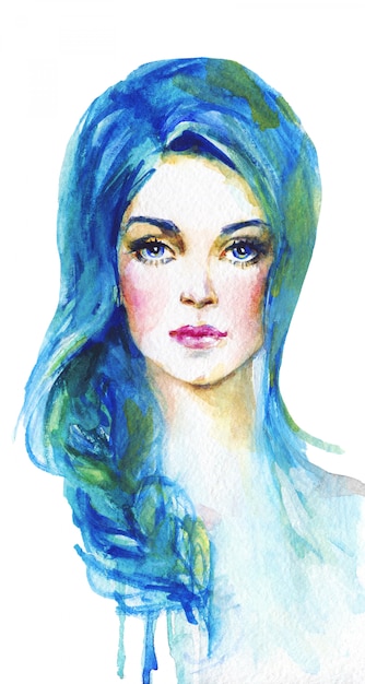 青い髪の水彩の若い女性 女性の手描きの肖像画 絵画ファッションイラスト分離 プレミアム写真