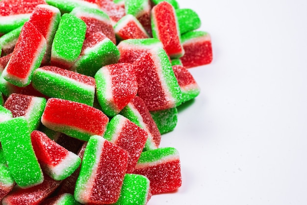 Premium Photo | Watermelon jelly sweets. tasty chewing candies. top view.