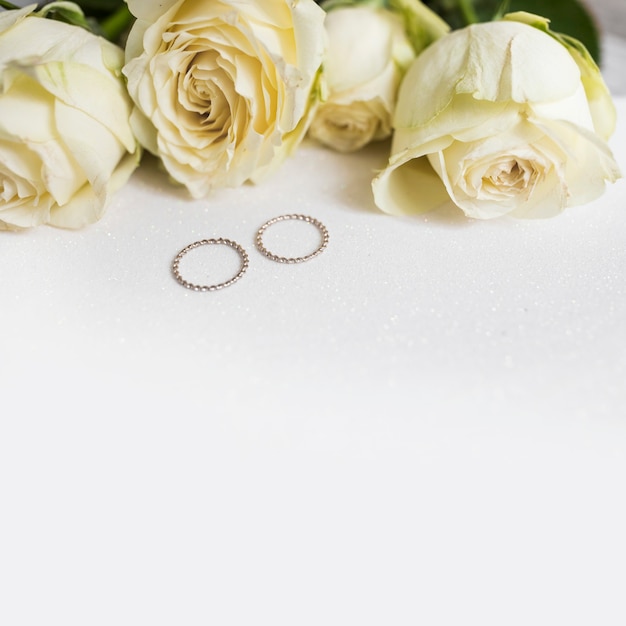 結婚指輪と新鮮なバラの白い背景 無料の写真