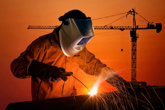 Welding worker welding steel structure at construction site Premium Photo