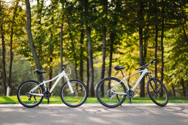 公園に立っている白い自転車 朝のフィットネス 孤独 無料の写真