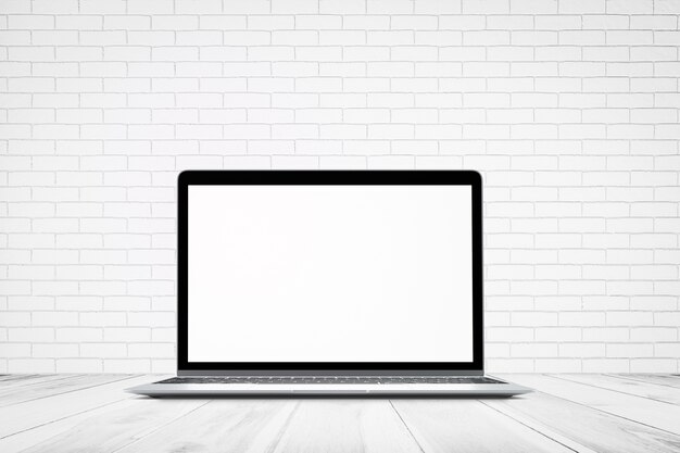 Download White brick wall texture with wood floor and laptop computer mockup , empty abstract background ...