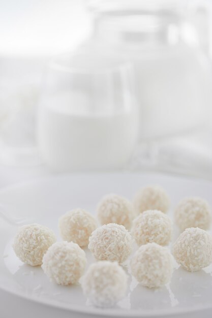 White Chocolate Candies With Coconut Filling With Milk And Cottage