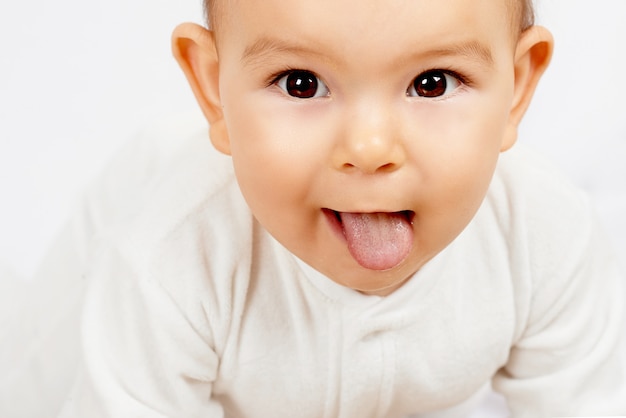 舌の赤ちゃんに白いコーティング 口腔カンジダ症 面白い幼児の表現 プレミアム写真