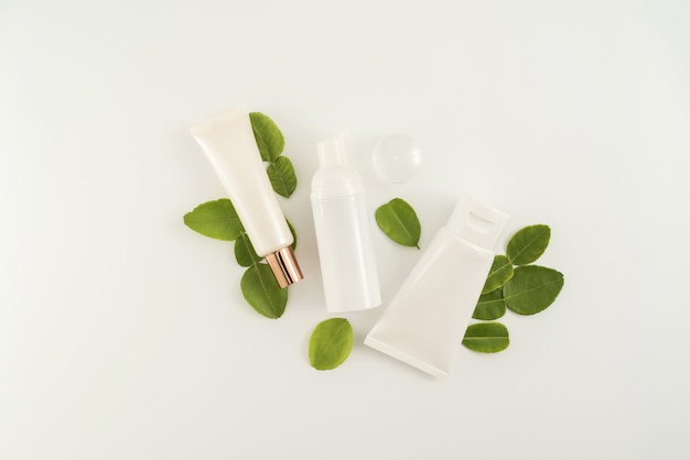 Download Premium Photo | White cosmetic products and green leaves ...