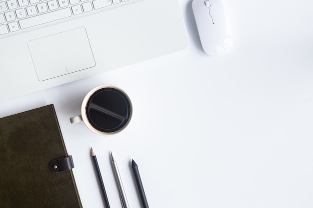 Premium Photo | White desk office top view with copy space for input ...