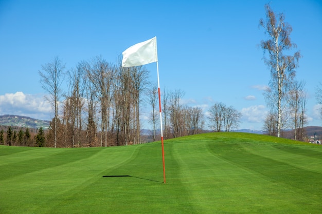 スロベニア オトチェツのゴルフコースの中央にある白い旗 無料の写真