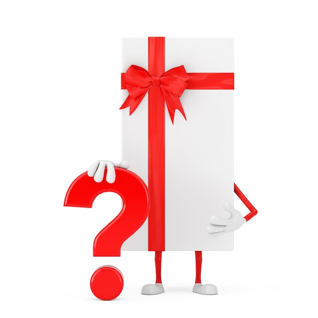 흰색 선물 상자와 흰색 배경에 빨간색 물음표 기호가 있는 빨간색 리본 사람 캐릭터 마스코트 3d 렌더링 프리미엄 사진 4618