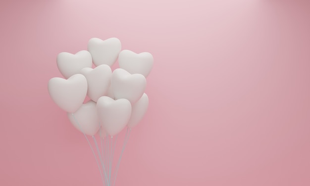 ピンクのパステル背景に白いハートの風船 バレンタインのコンセプト 3dレンダリング プレミアム写真