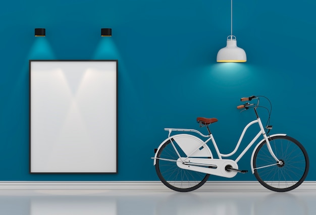 White Hipster Bicycle Standing In Blue Room With Lamp Photo