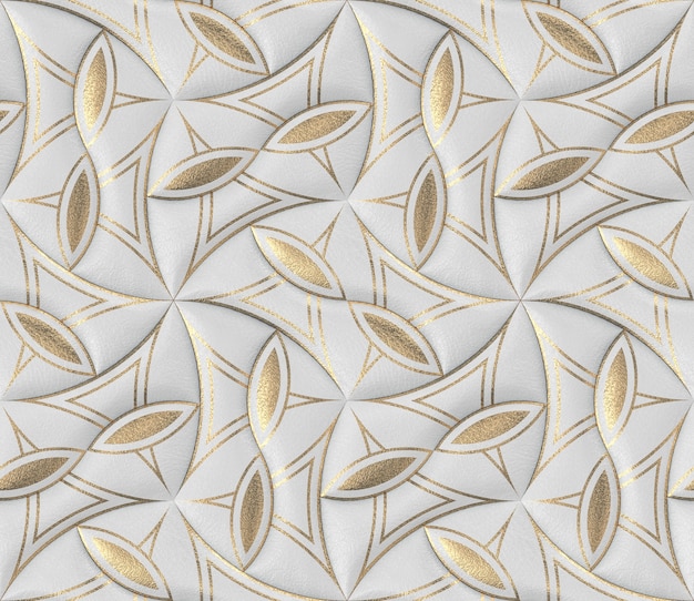 プレミアム写真 ゴールドの装飾が施されたクラシックな3d壁紙の白い革のタイル
