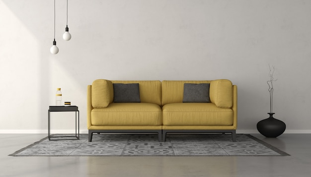 Premium Photo White Minimalist Living Room With Yellow Sofa On Gray Carpet 3d Rendering