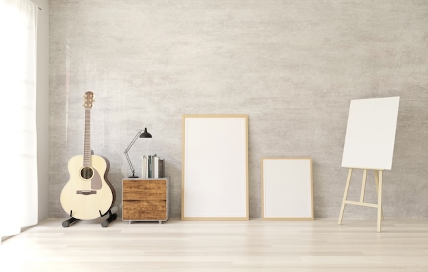 Download White poster frame mockup on the wooden floor, raw concrete wall Photo | Premium Download