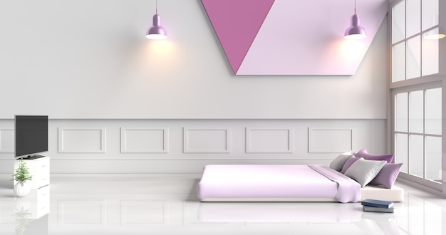 Premium Photo White Purple Bedroom Decorated Purple Bed Violet Pillows Lamp Tv White Cement Wall 3d