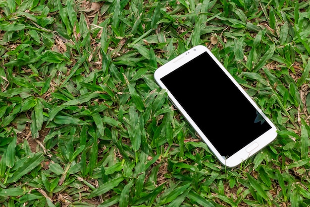 Premium Photo | White smart phone with blank screen on green grass ...