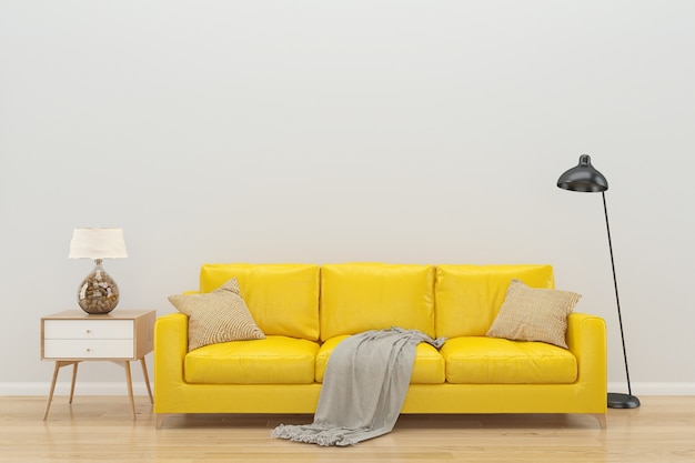 Premium Photo | White wall yellow sofa interior background wood floor