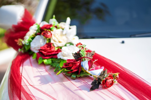 White Wedding Car Decorated With Fresh Flowers Wedding