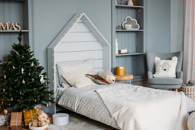 The White Wooden Children Bed With Pillows And Toys Minimalistic