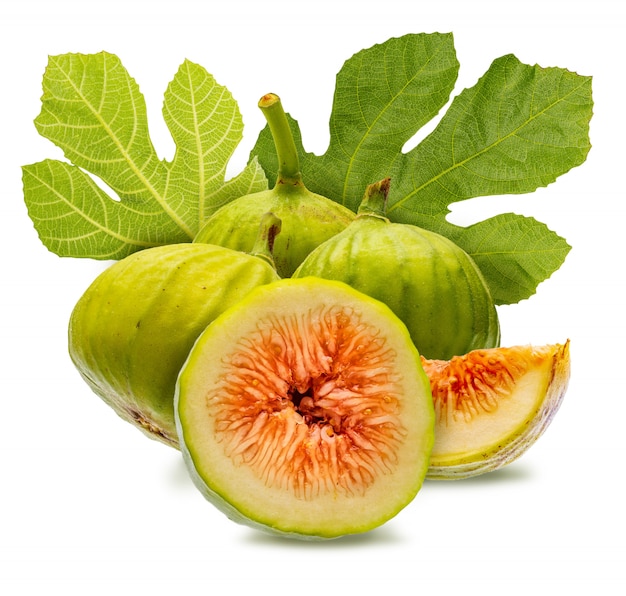 Premium Photo Whole And Cut Green Figs With Fig Leaves Isolated