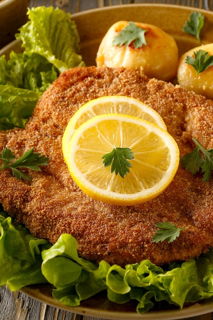 Premium Photo | Wiener schnitzel with potatoes and salad, selective focus.