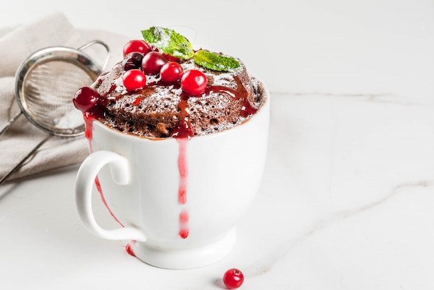 Winter, fall healthy breakfast or snack. the idea of a quick treat for . chocolate mug cupkake in ceramic cup, with cranberry and sauce, powdered sugar. white marble table, Premium Photo