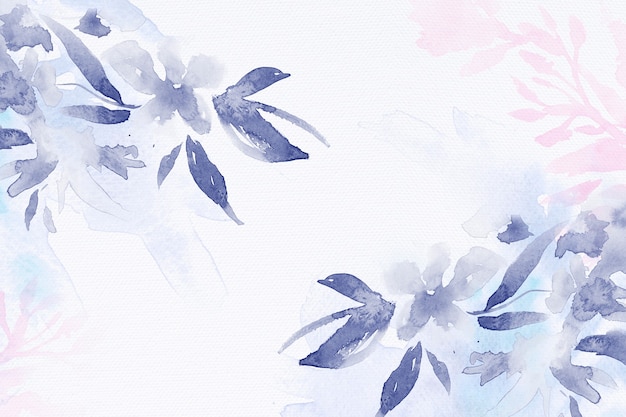 葉のイラストと紫の冬の花の水彩画の背景 無料の写真