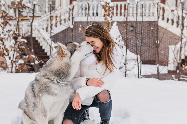 魅力的なうれしそうな若い女性にキスかわいいハスキー犬の路上で冬の雪が降る時間 素敵なひととき 本当の友情 ペット 本当のポジティブな感情 無料の写真