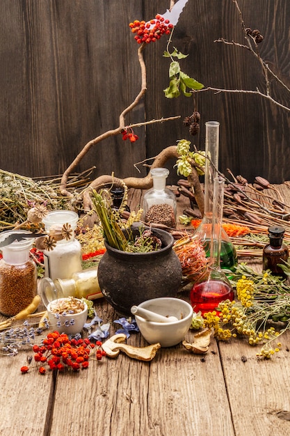 Premium Photo | Witch's laboratory. alchemical equipment, halloween concept