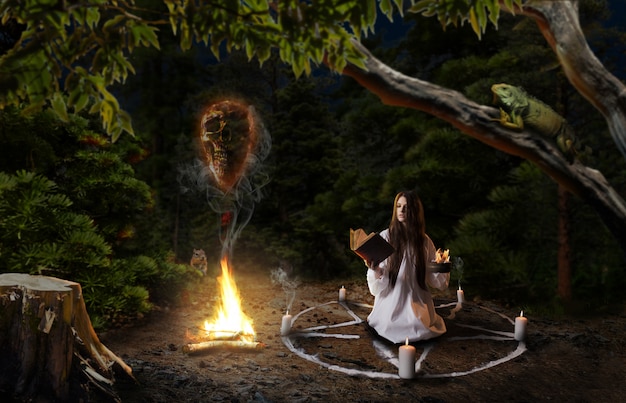 Premium Photo Witch In White Shirt Calling Spirits Of Dead People Pentagram Circle With 2590