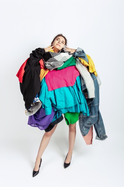 Premium Photo | Woman addicted of sales and clothes, overproduction and ...