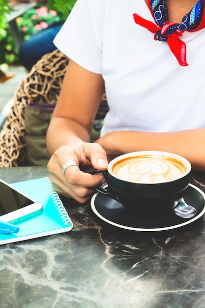 Premium Photo Woman In Casual Style White T Shirt Drinking Coffee