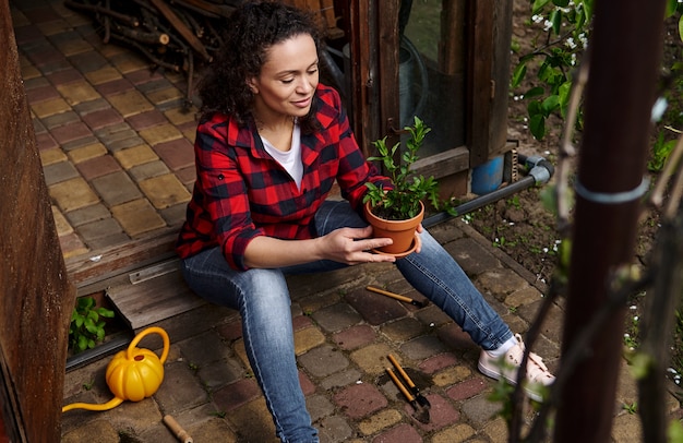 女性の庭師は ミントの葉を植えた土鍋を持って 田舎の庭の木製の望楼でガーデニングを楽しんでいます プレミアム写真