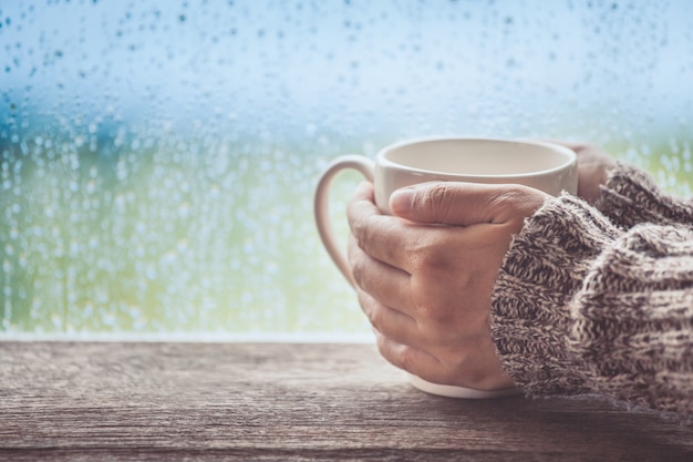Premium Photo Woman Hand Holding The Cup Of Coffee Or Tea On Rainy Day Window Background