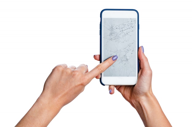 Woman Hands Holding Smartphone With Cracked Screen Isolated On White Premium Photo