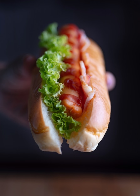 Woman holding hot dog Premium Photo