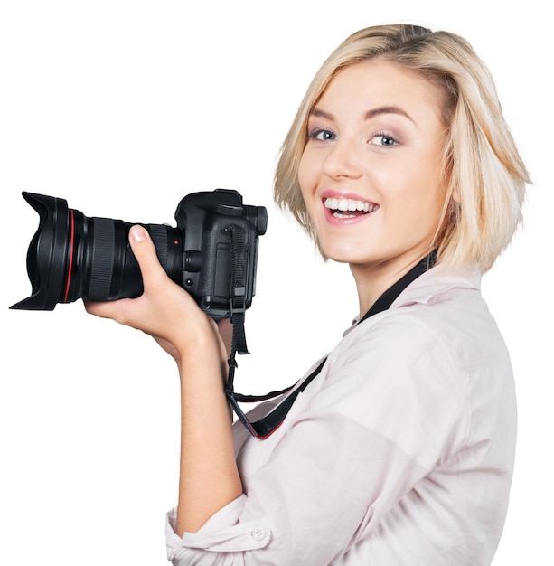 Premium Photo Woman Photographer Takes Images Isolated