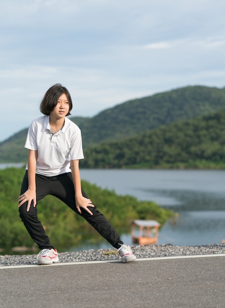 Woman Short Hair Doing Exercising Outdoor Photo Premium Download