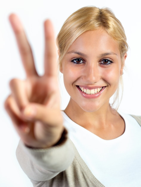 Premium Photo Woman Showing Peace Sign