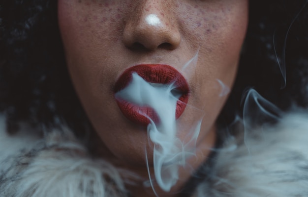 Woman Smoking Close Up On Smoke And Mouth Premium Photo