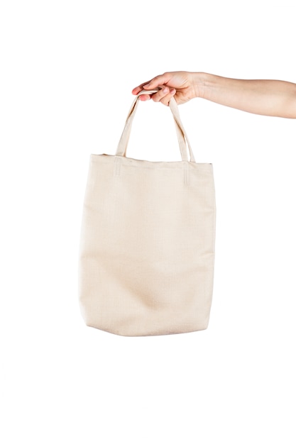 Download Premium Photo | Woman with cotton eco bag over white ...