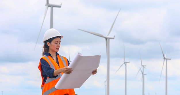 Women engineer working on site at wind turbine farm Premium Photo