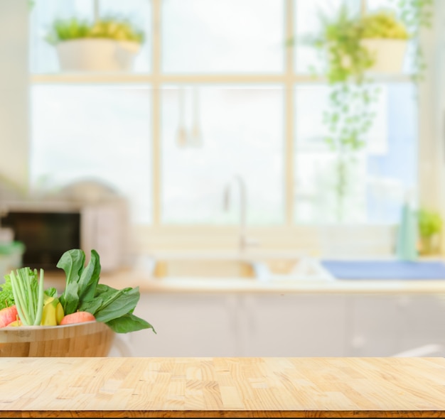 Premium Photo | Wood table top on blurred kitchen background