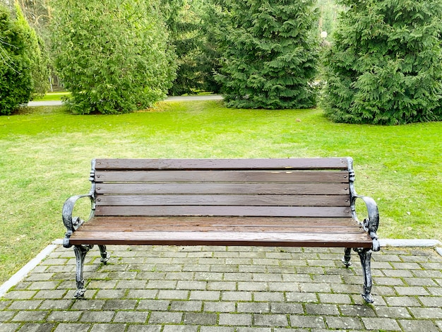 Wooden bench on walkway in park | Premium Photo