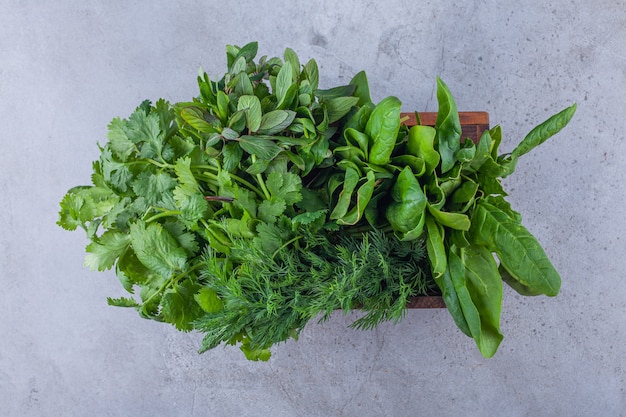 Free Photo Wooden Box Of Healthy Fresh Greens On Blue