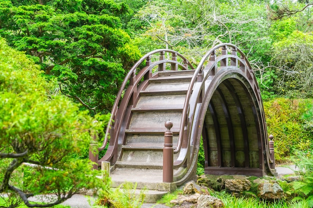 サンフランシスコゴールデンゲートパークの日本庭園の木製の橋 プレミアム写真