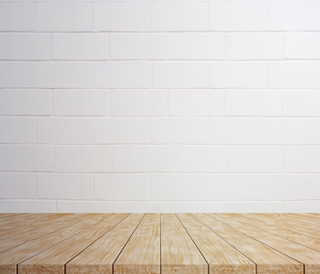 Download Wooden table mockup for you with white big brick texture ...